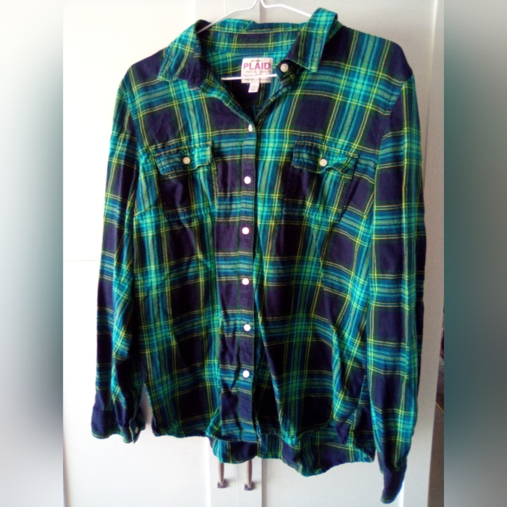 Women's Old Navy Plaid Flannel Long Sleeve Shirt Dark Blue Green Yellow Size L